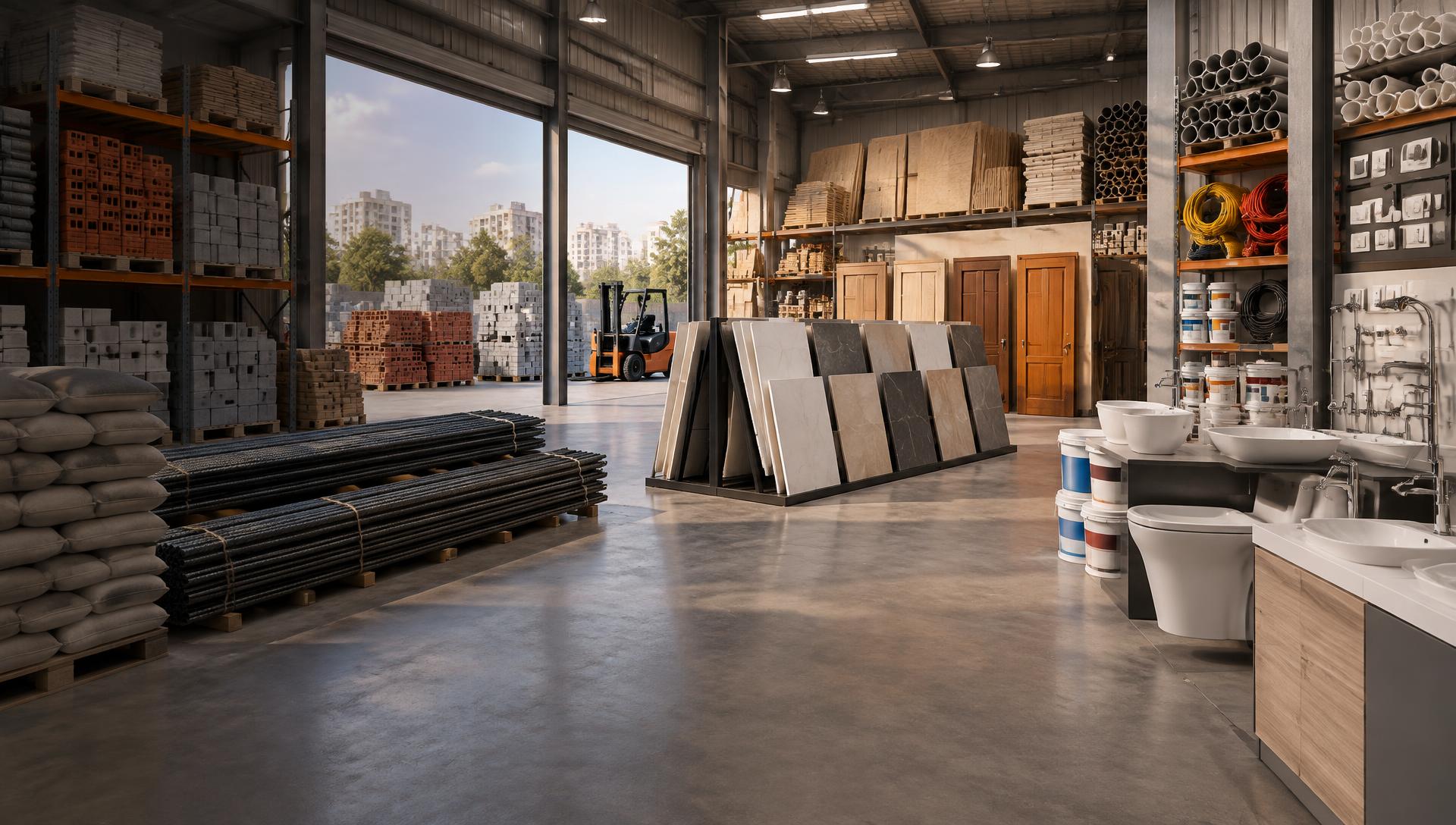 Building materials store with cement bags, steel bars, tiles and bricks