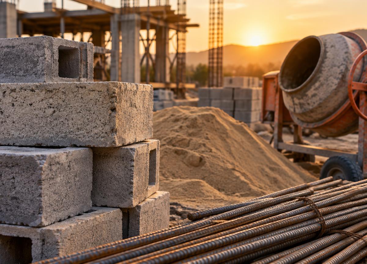 Concrete blocks, sand and steel bars ready on a construction site